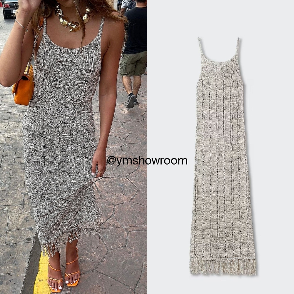 Mango Tan and Gray Slit Midi Dress
